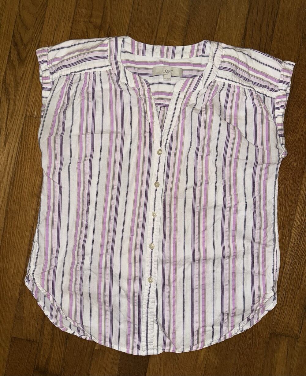 Ann Taylor LOFT Striped Cap Sleeve Button Up Shirt V neck XS Coastal